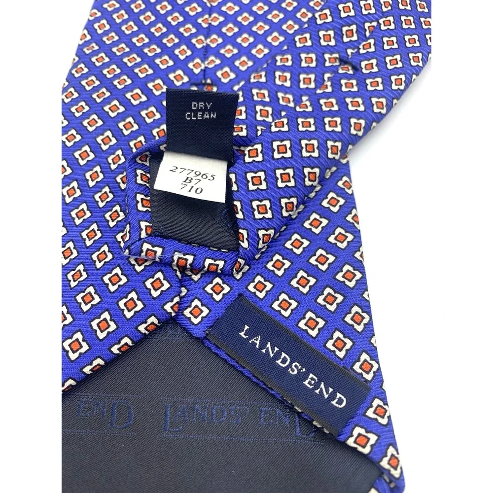 Vintage Lands End Blue Geometric‎ 100% Silk Men's Tie - 59 1/2